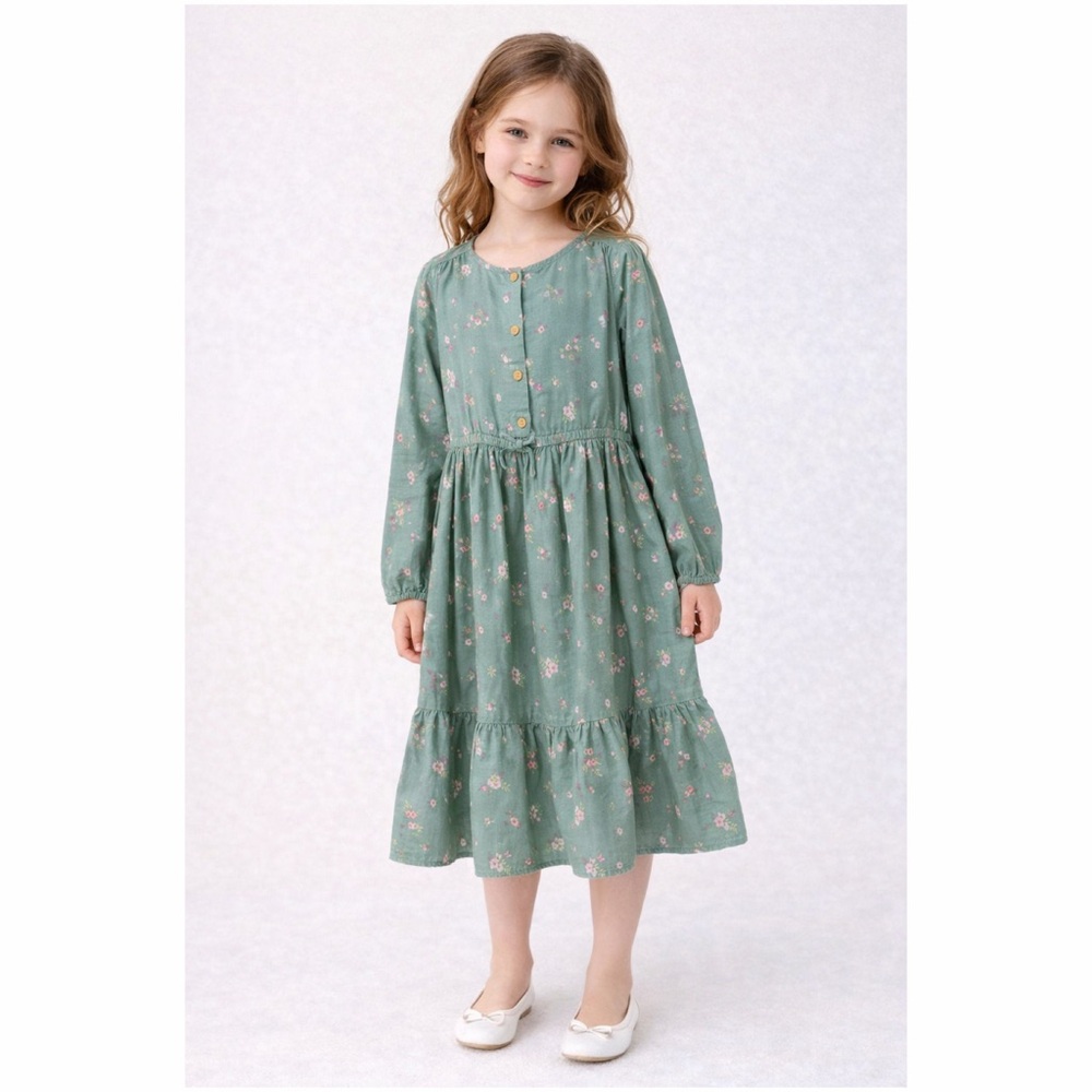 OshKosh Girls Floral Prairie Dress Size 8 Green Boho Cottagecore‎